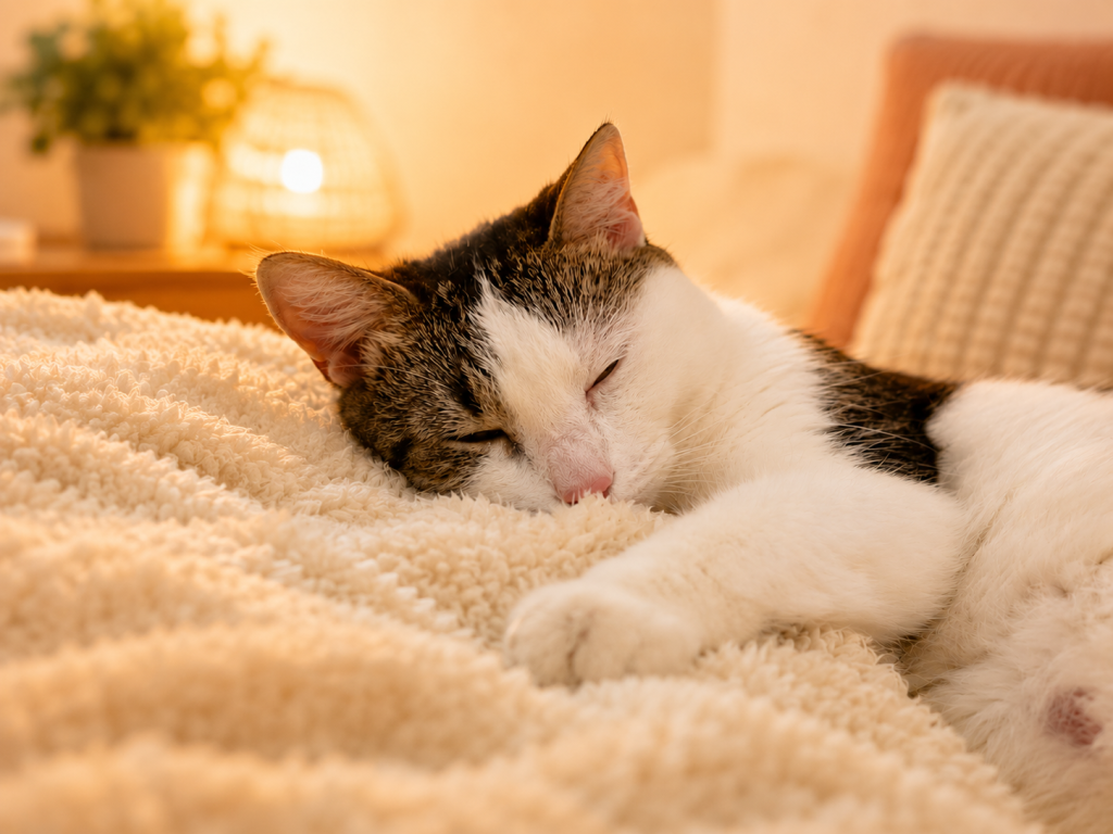 Chat détendu clignant lentement des yeux sur un plaid
