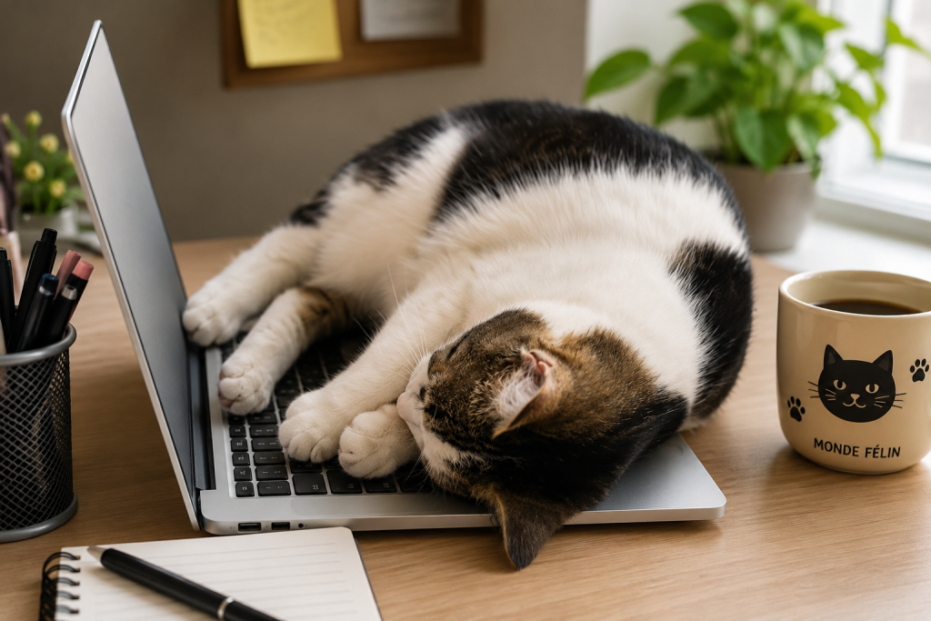 Chat qui dort sur un ordinateur portable pour profiter de la chaleur.