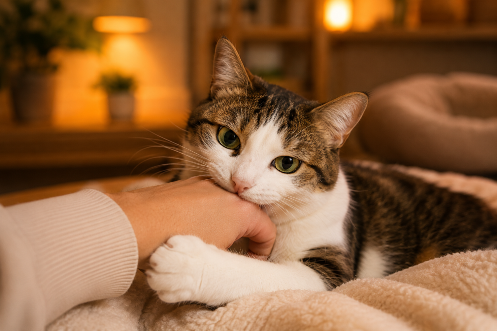 Chat domestique mordillant doucement la main de son propriétaire, illustrant un comportement affectueux et un jeu naturel chez le chat.