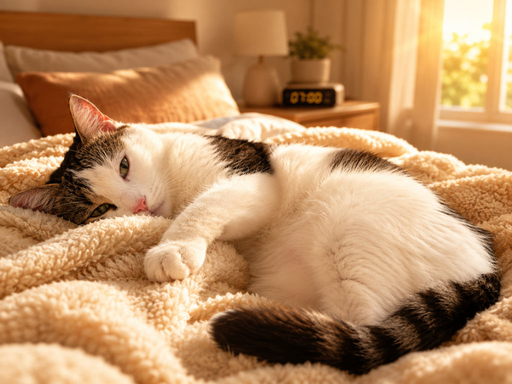 Chat réveillant son propriétaire tôt le matin sur un lit dans une ambiance chaleureuse.