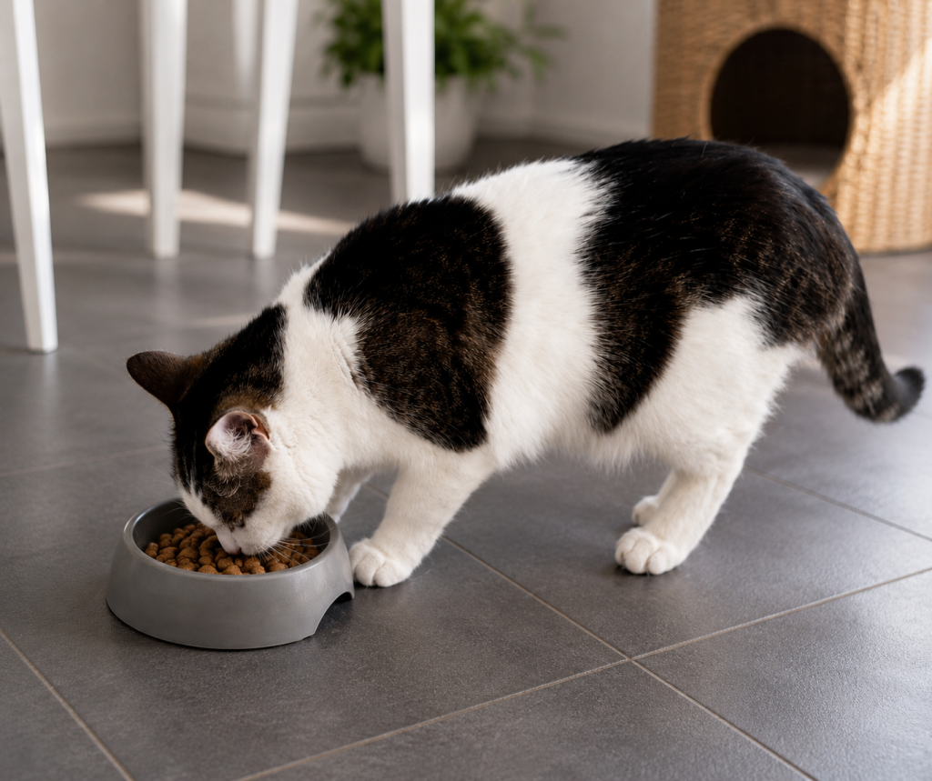 Chat mangeant des croquettes dans sa gamelle - alimentation féline