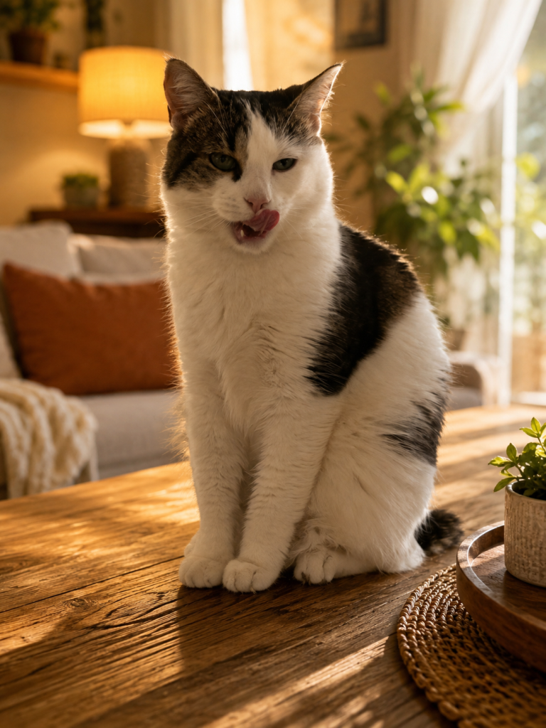 Chat qui se lèche le nez à l'intérieur de la maison