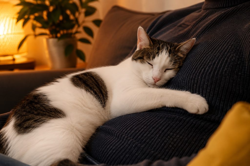 Chat dormant paisiblement sur la poitrine de son propriétaire en signe d’affection et de confiance