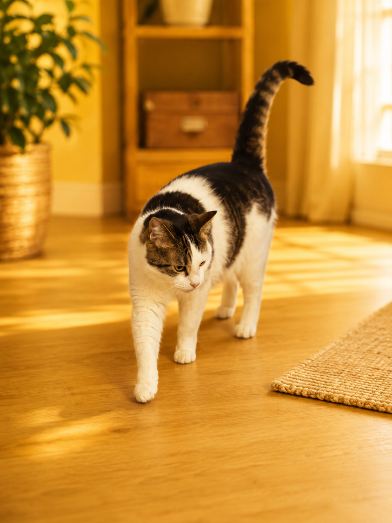 Minette accueille son humain avec la queue dressée
