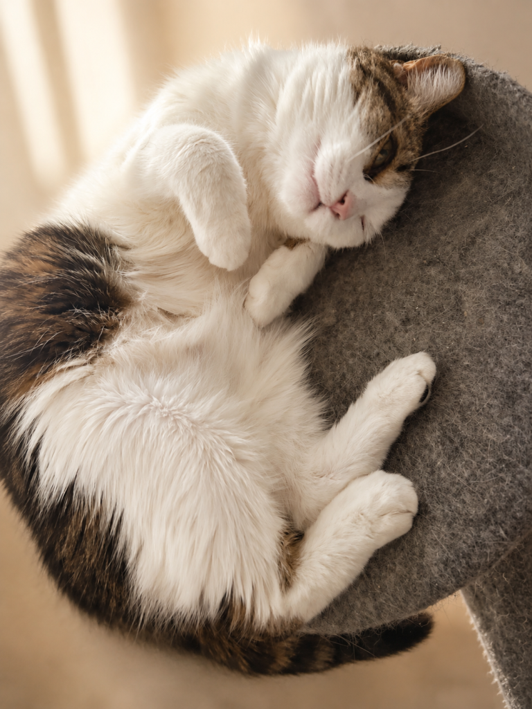 Chat montre son ventre en étant détendu sur son arbre à chat